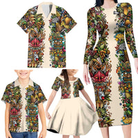 Hawaii And Japan Family Matching Long Sleeve Bodycon Dress and Hawaiian Shirt Tiki With Oni Mask - Wonder Print Shop