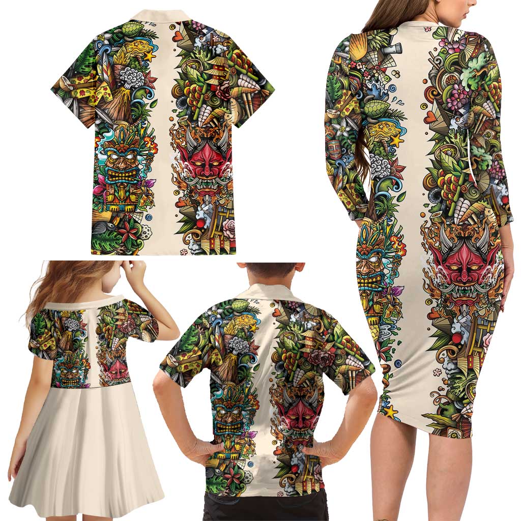 Hawaii And Japan Family Matching Long Sleeve Bodycon Dress and Hawaiian Shirt Tiki With Oni Mask - Wonder Print Shop