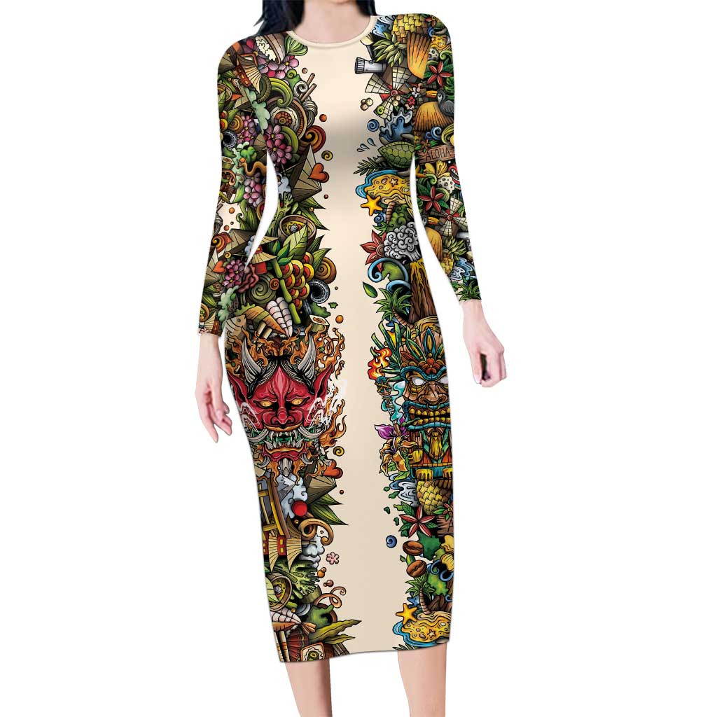 Hawaii And Japan Family Matching Long Sleeve Bodycon Dress and Hawaiian Shirt Tiki With Oni Mask - Wonder Print Shop