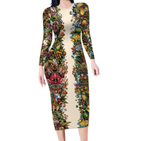 Hawaii And Japan Family Matching Long Sleeve Bodycon Dress and Hawaiian Shirt Tiki With Oni Mask - Wonder Print Shop