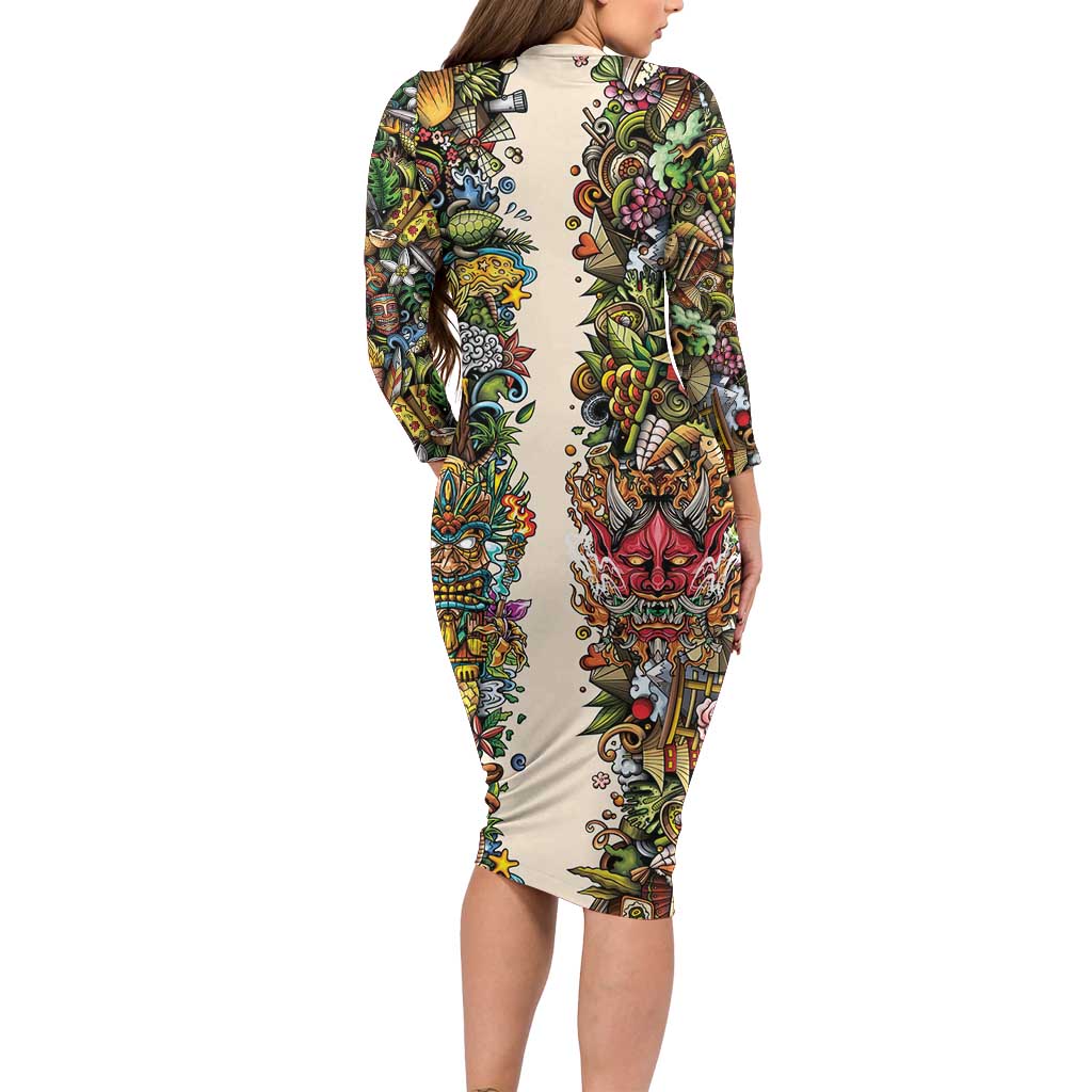 Hawaii And Japan Family Matching Long Sleeve Bodycon Dress and Hawaiian Shirt Tiki With Oni Mask - Wonder Print Shop