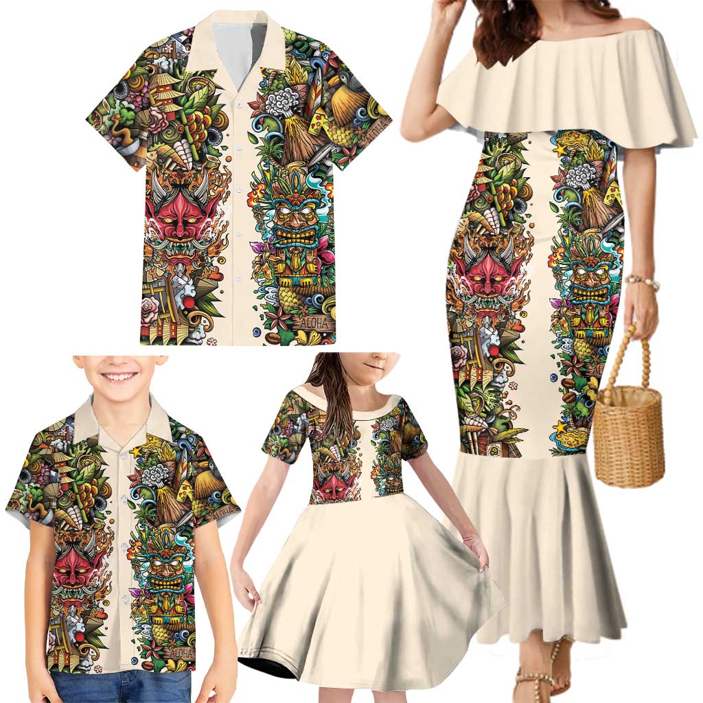 Hawaii And Japan Family Matching Mermaid Dress and Hawaiian Shirt Tiki With Oni Mask - Wonder Print Shop