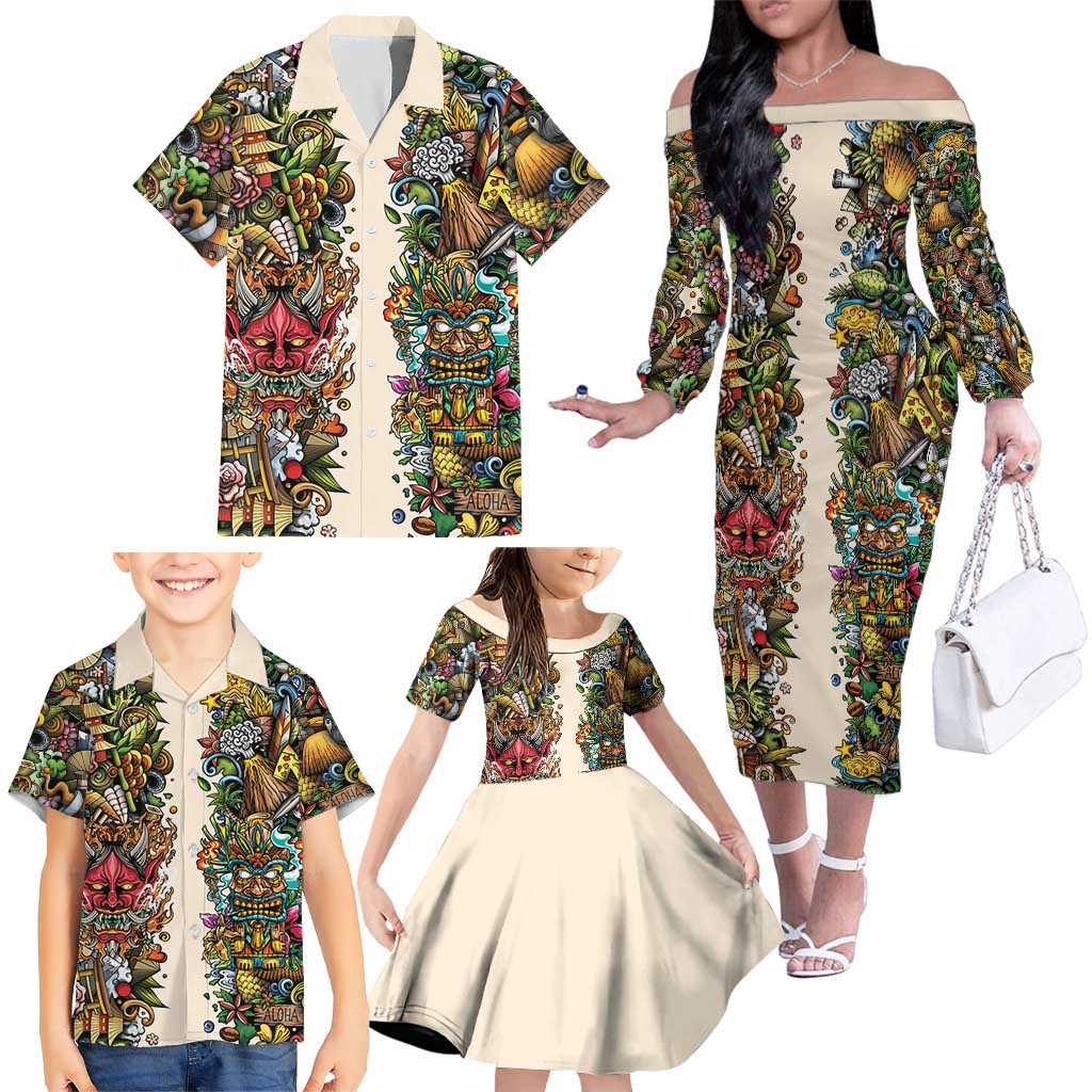 Hawaii And Japan Family Matching Off The Shoulder Long Sleeve Dress and Hawaiian Shirt Tiki With Oni Mask - Wonder Print Shop