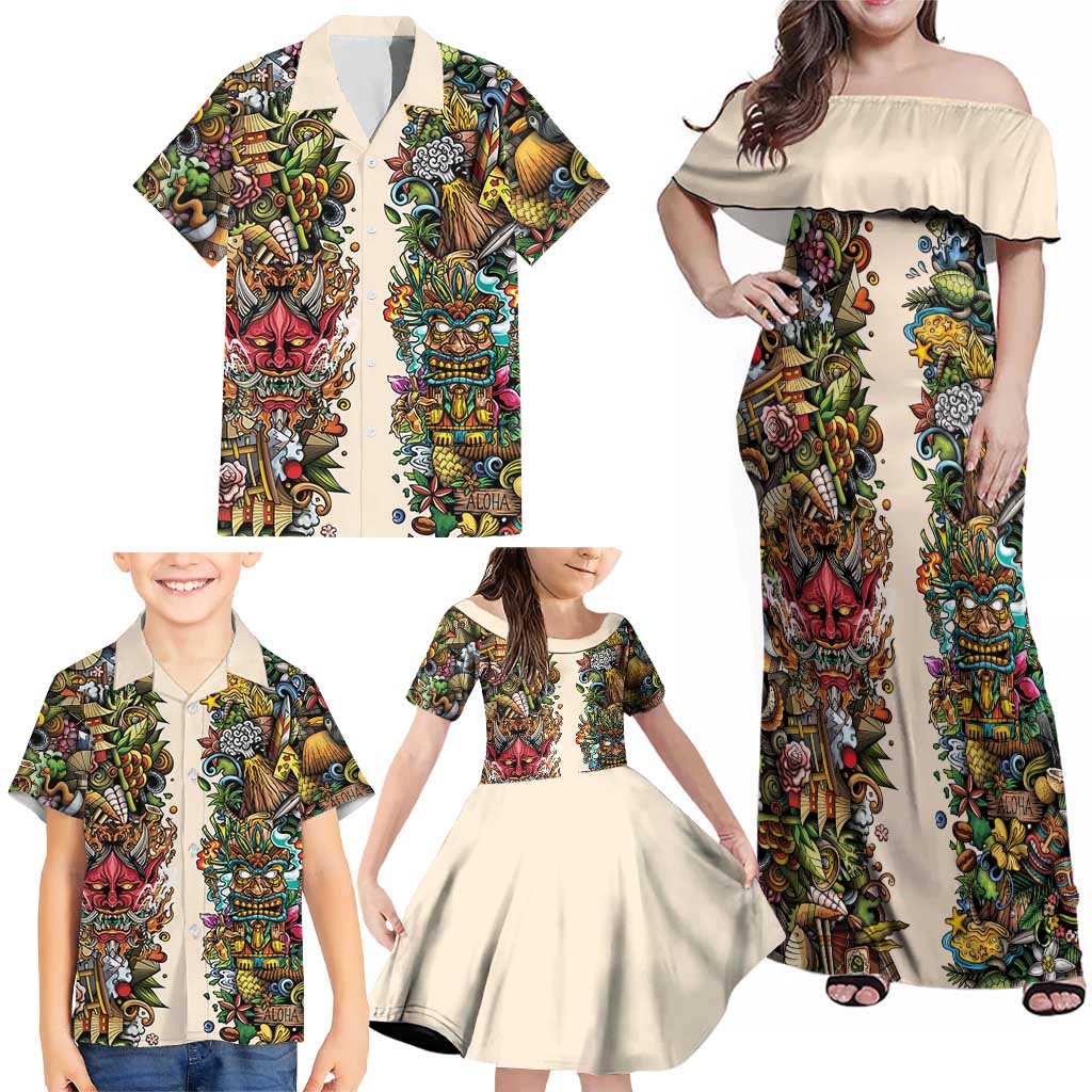 Hawaii And Japan Family Matching Off Shoulder Maxi Dress and Hawaiian Shirt Tiki With Oni Mask - Wonder Print Shop
