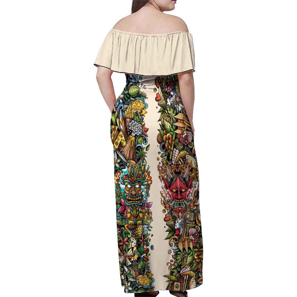 Hawaii And Japan Family Matching Off Shoulder Maxi Dress and Hawaiian Shirt Tiki With Oni Mask - Wonder Print Shop