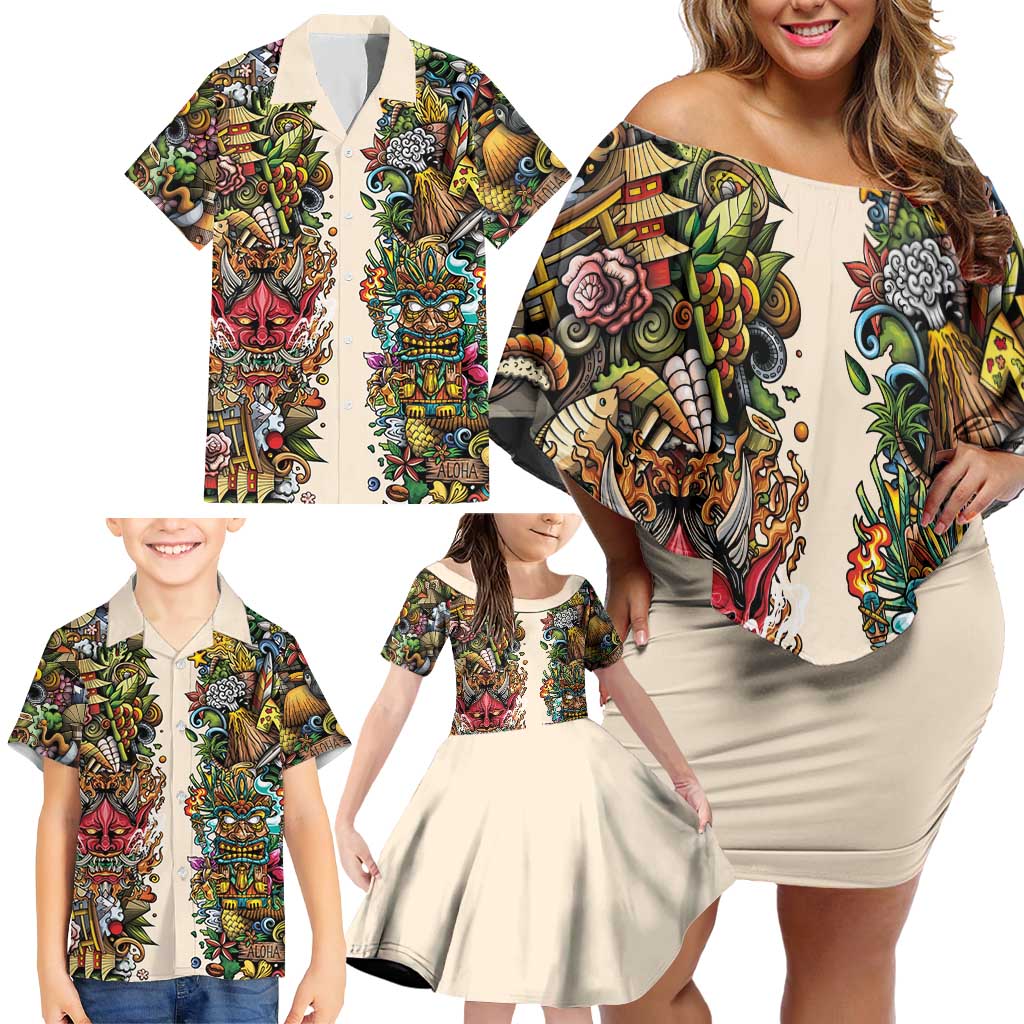Hawaii And Japan Family Matching Off Shoulder Short Dress and Hawaiian Shirt Tiki With Oni Mask - Wonder Print Shop
