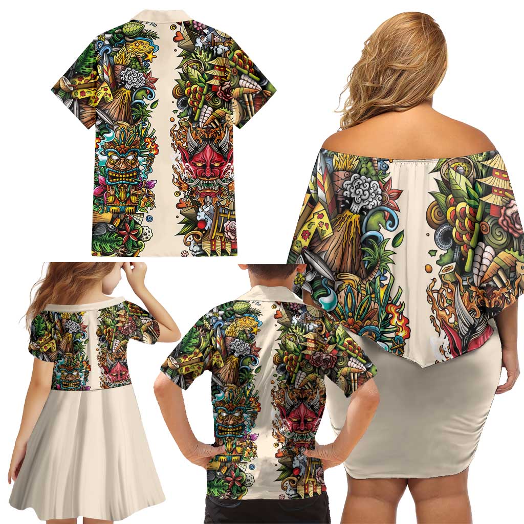 Hawaii And Japan Family Matching Off Shoulder Short Dress and Hawaiian Shirt Tiki With Oni Mask - Wonder Print Shop
