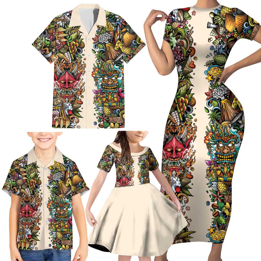 Hawaii And Japan Family Matching Short Sleeve Bodycon Dress and Hawaiian Shirt Tiki With Oni Mask - Wonder Print Shop