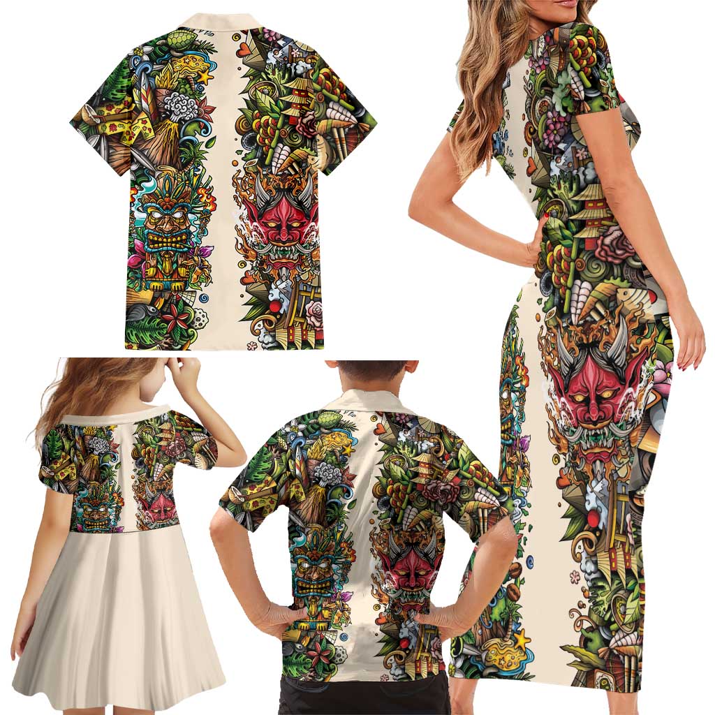 Hawaii And Japan Family Matching Short Sleeve Bodycon Dress and Hawaiian Shirt Tiki With Oni Mask - Wonder Print Shop