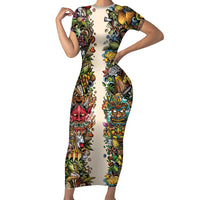Hawaii And Japan Family Matching Short Sleeve Bodycon Dress and Hawaiian Shirt Tiki With Oni Mask - Wonder Print Shop
