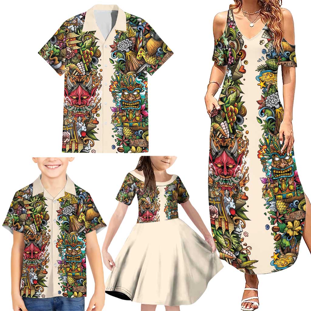Hawaii And Japan Family Matching Summer Maxi Dress and Hawaiian Shirt Tiki With Oni Mask - Wonder Print Shop