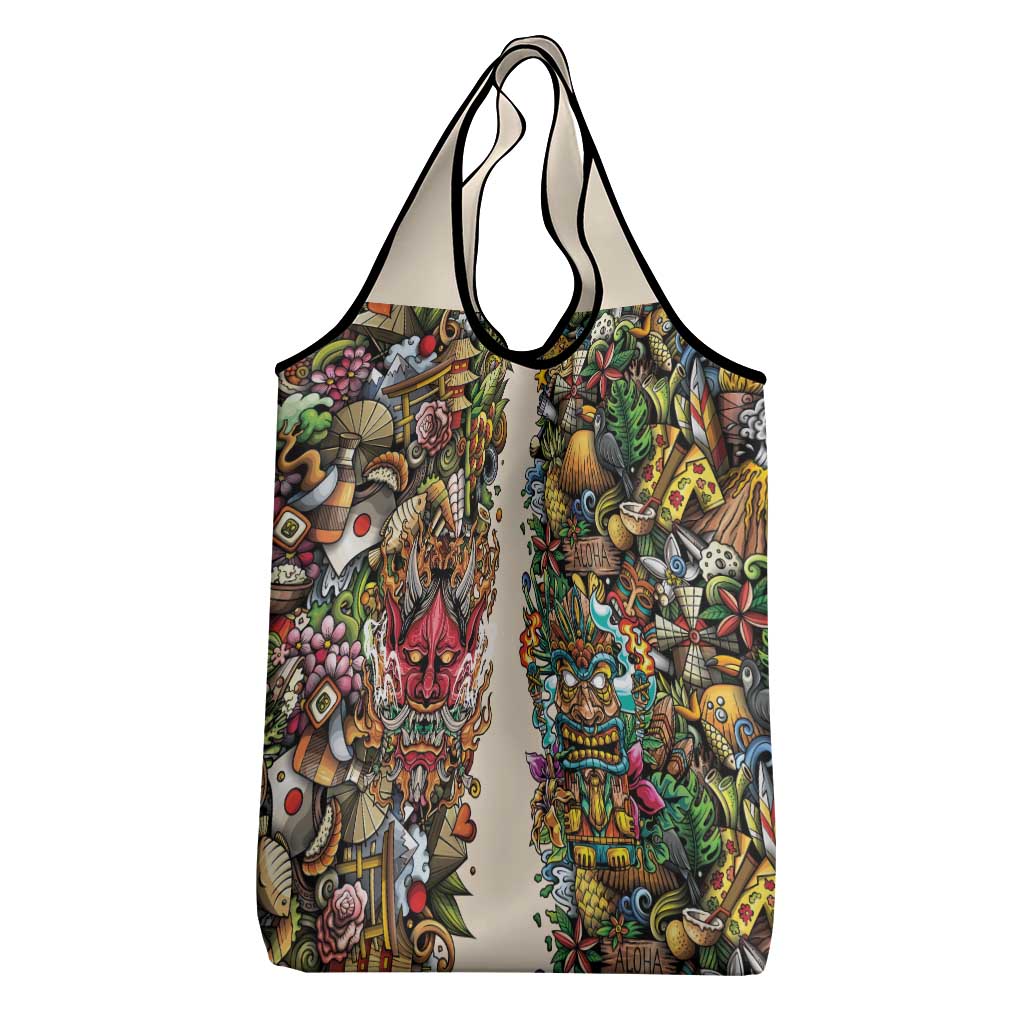 Hawaii And Japan Grocery Bag Tiki With Oni Mask - Wonder Print Shop