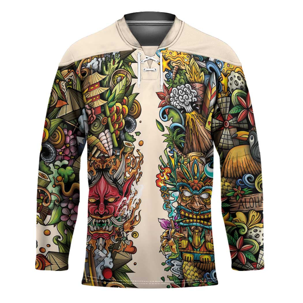Hawaii And Japan Hockey Jersey Tiki With Oni Mask - Wonder Print Shop