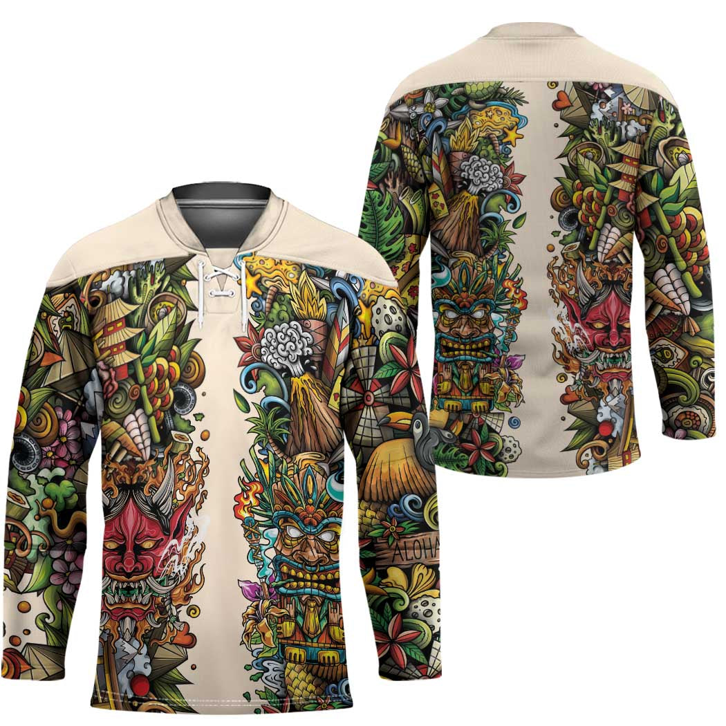 Hawaii And Japan Hockey Jersey Tiki With Oni Mask - Wonder Print Shop