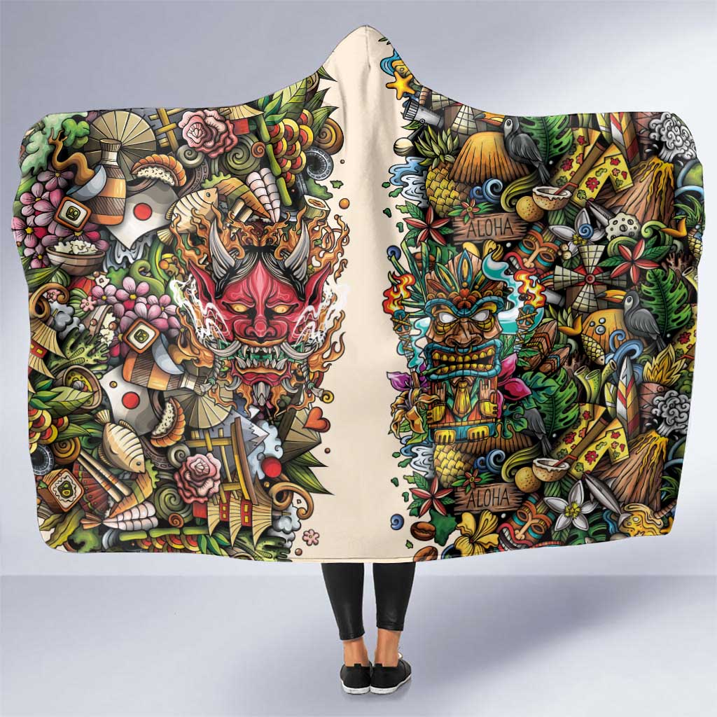 Hawaii And Japan Hooded Blanket Tiki With Oni Mask - Wonder Print Shop