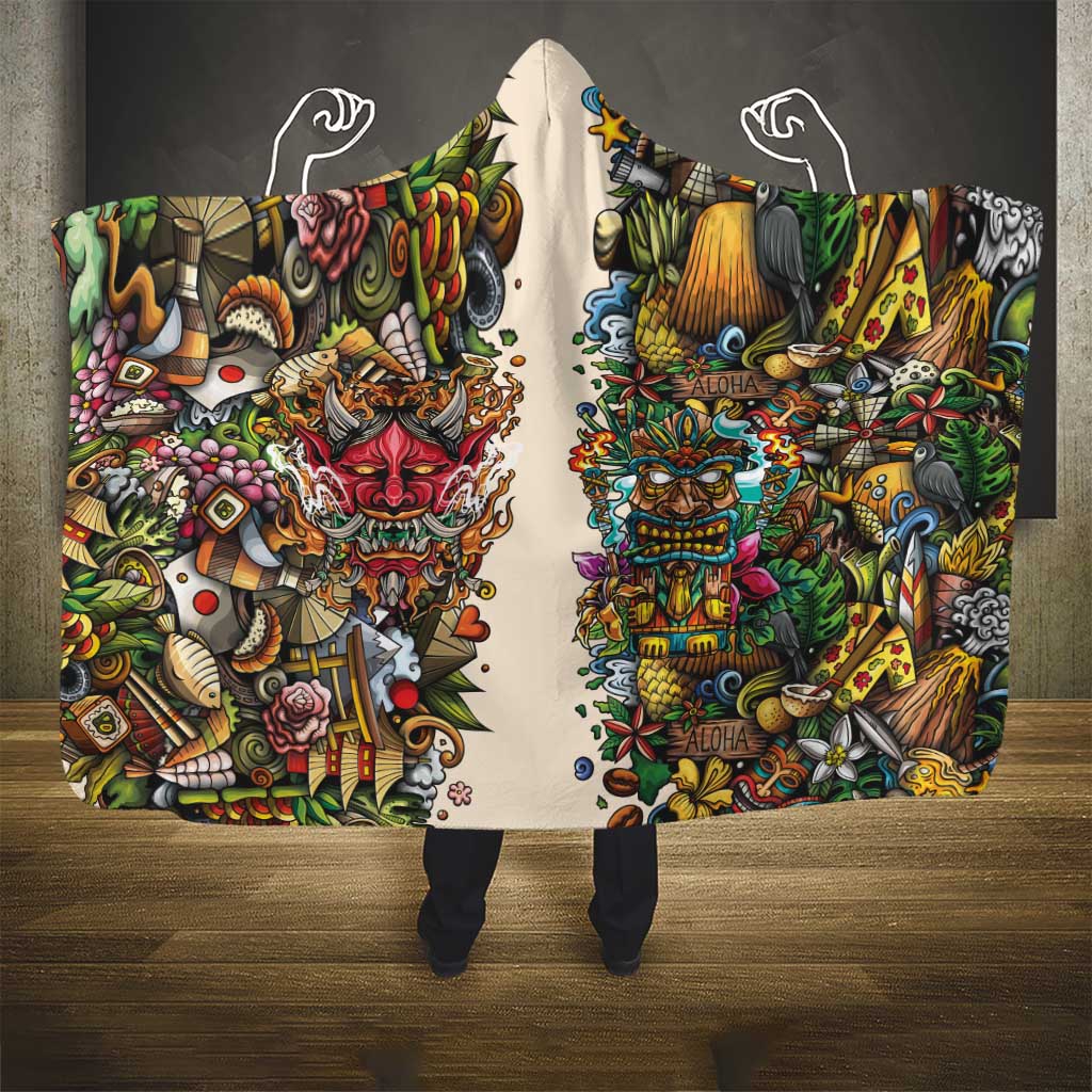 Hawaii And Japan Hooded Blanket Tiki With Oni Mask - Wonder Print Shop