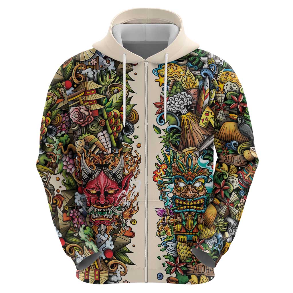 Hawaii And Japan Hoodie Tiki With Oni Mask - Wonder Print Shop