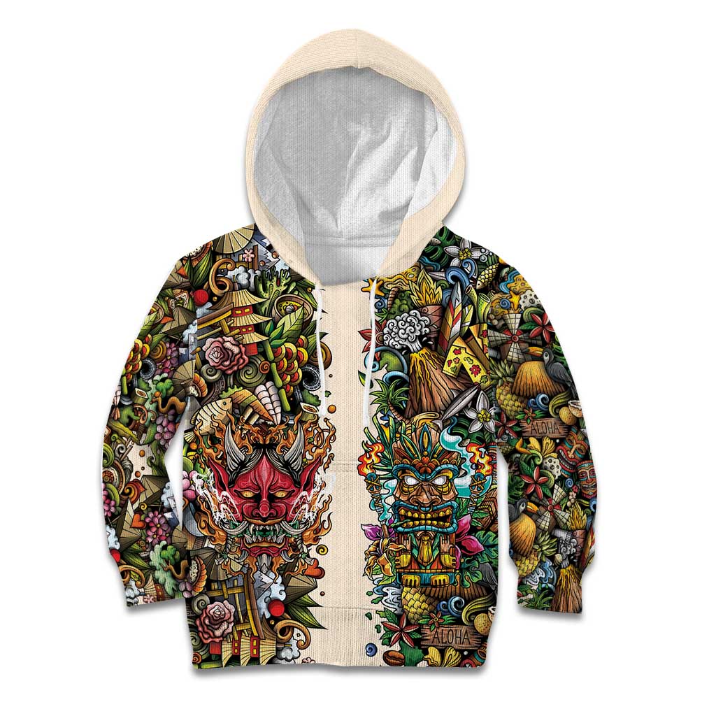 Hawaii And Japan Kid Hoodie Tiki With Oni Mask - Wonder Print Shop