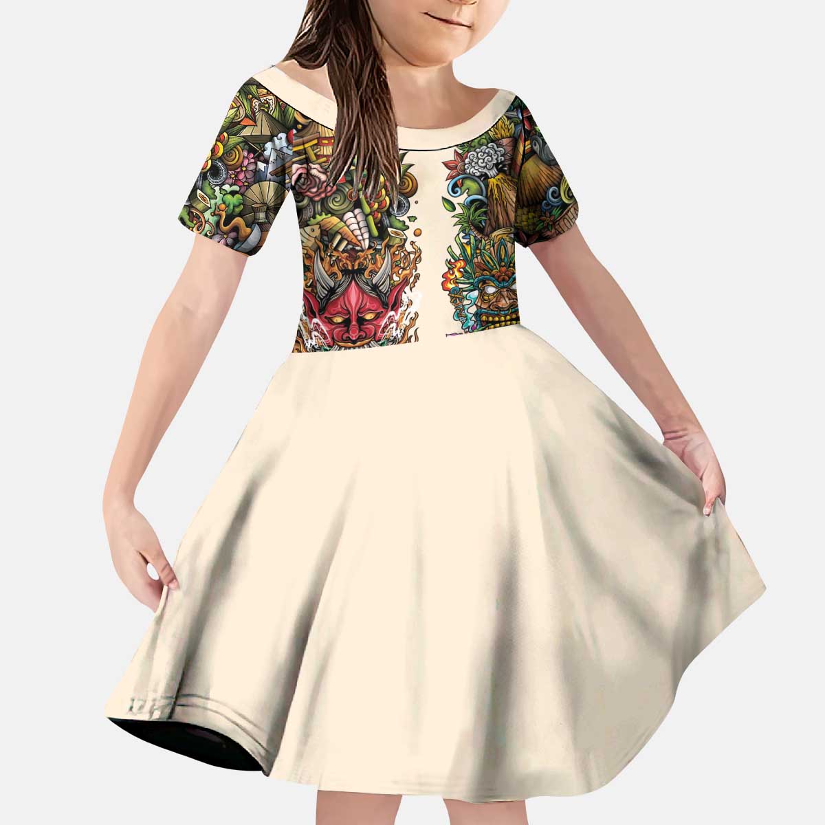 Hawaii And Japan Kid Short Sleeve Dress Tiki With Oni Mask - Wonder Print Shop