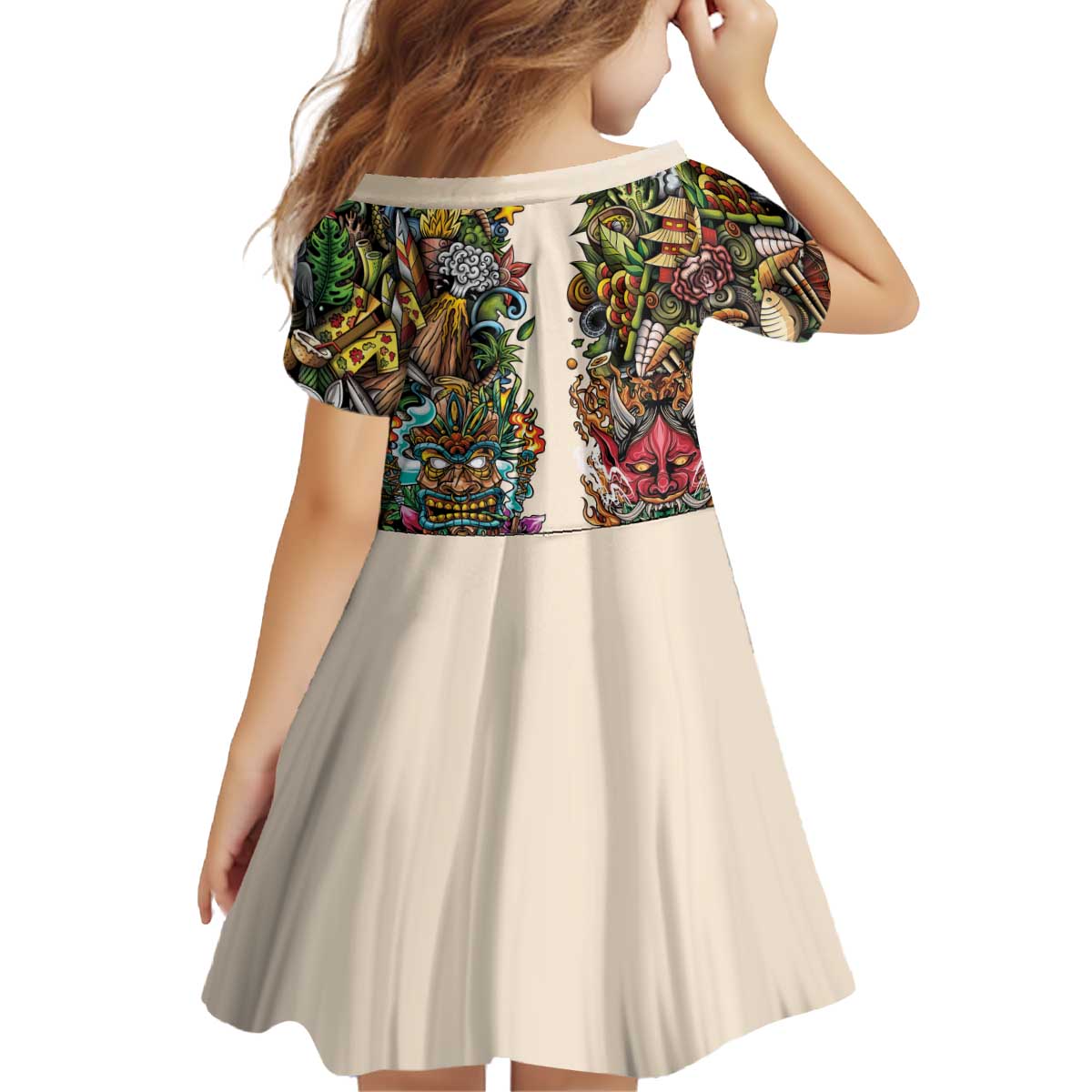 Hawaii And Japan Kid Short Sleeve Dress Tiki With Oni Mask - Wonder Print Shop
