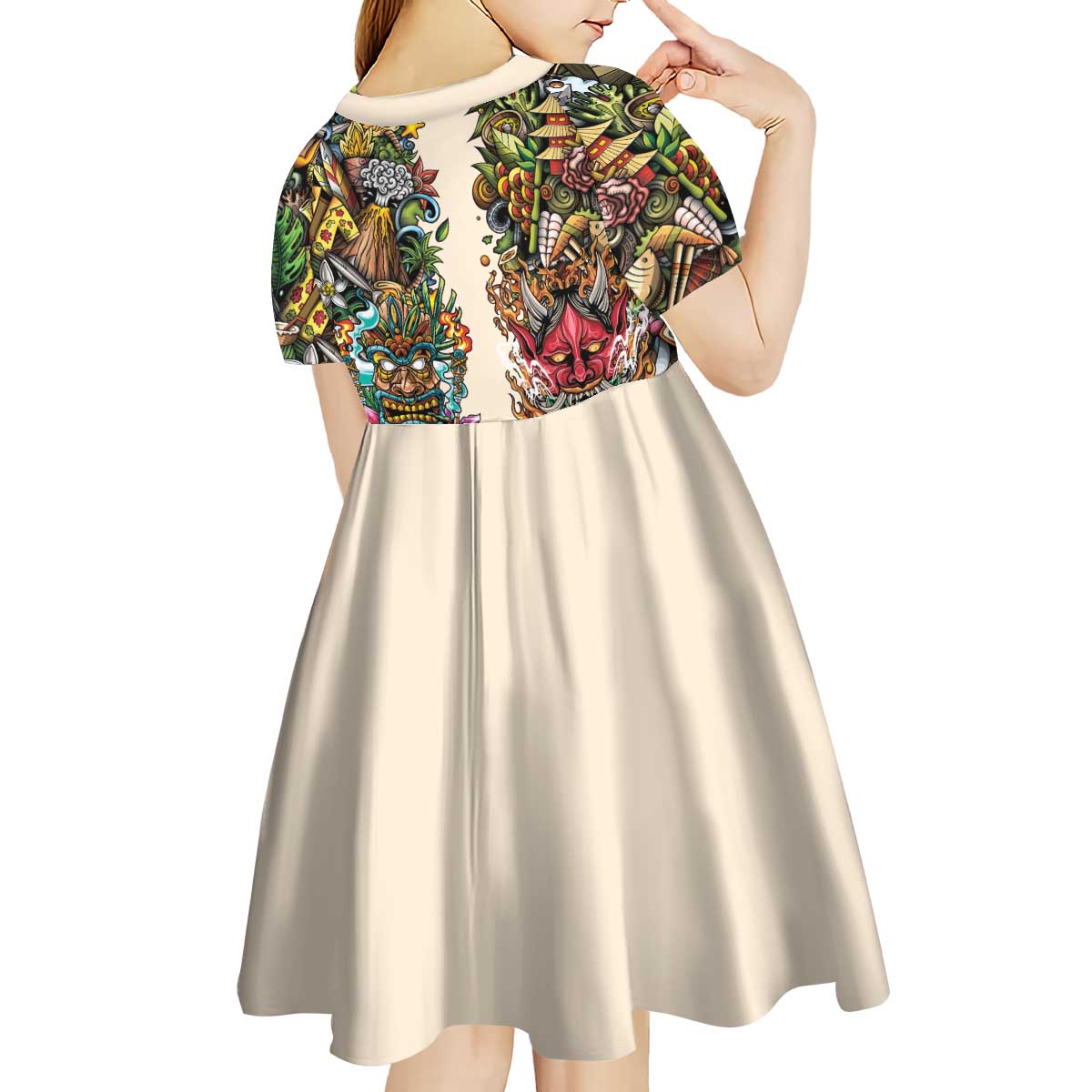 Hawaii And Japan Kid Short Sleeve Dress Tiki With Oni Mask - Wonder Print Shop