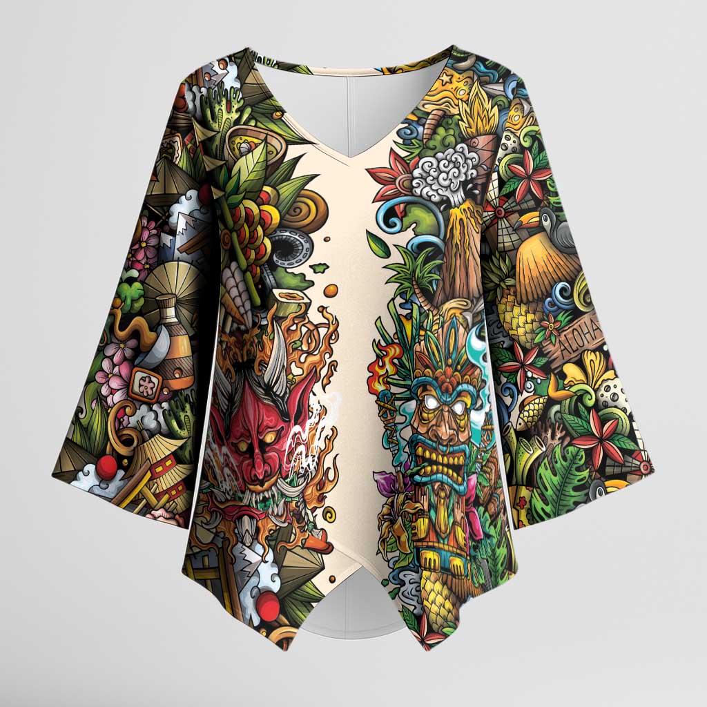 Hawaii And Japan Kimono Sleeve Blouse Tiki With Oni Mask - Wonder Print Shop