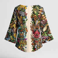 Hawaii And Japan Kimono Sleeve Blouse Tiki With Oni Mask - Wonder Print Shop