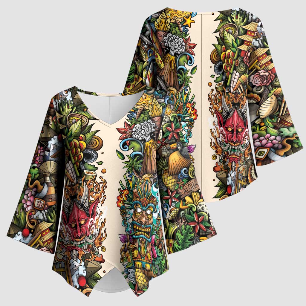 Hawaii And Japan Kimono Sleeve Blouse Tiki With Oni Mask - Wonder Print Shop