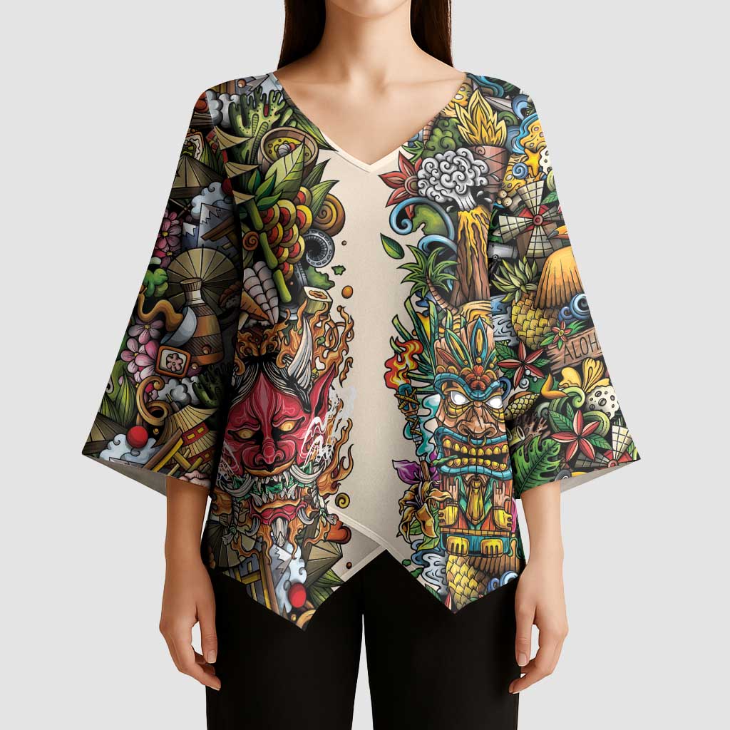 Hawaii And Japan Kimono Sleeve Blouse Tiki With Oni Mask - Wonder Print Shop