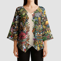 Hawaii And Japan Kimono Sleeve Blouse Tiki With Oni Mask - Wonder Print Shop