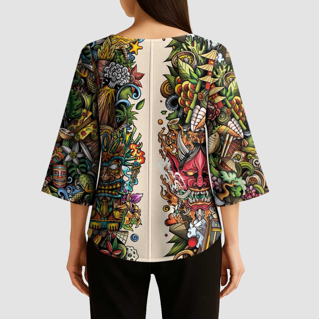 Hawaii And Japan Kimono Sleeve Blouse Tiki With Oni Mask - Wonder Print Shop