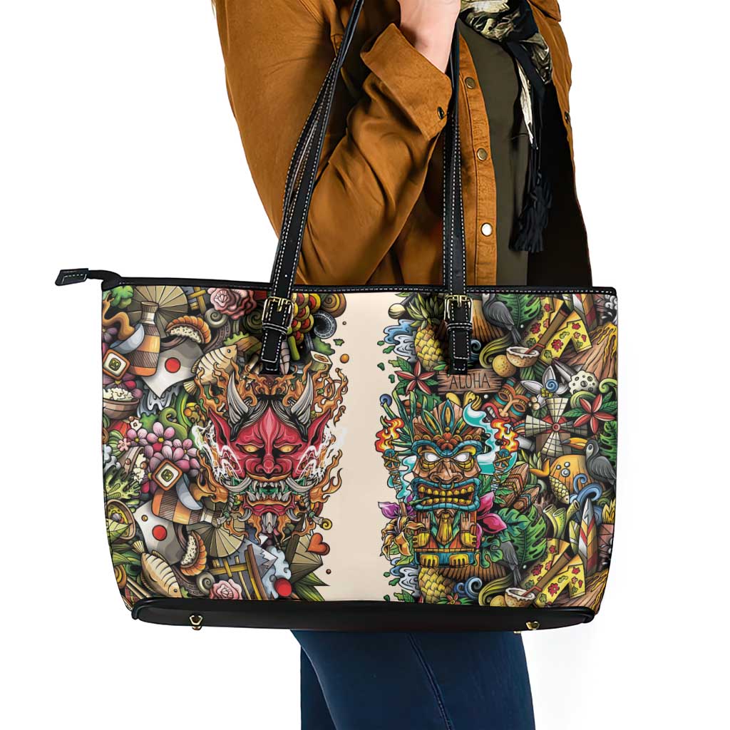 Hawaii And Japan Leather Tote Bag Tiki With Oni Mask - Wonder Print Shop