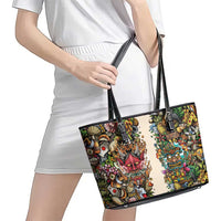 Hawaii And Japan Leather Tote Bag Tiki With Oni Mask - Wonder Print Shop