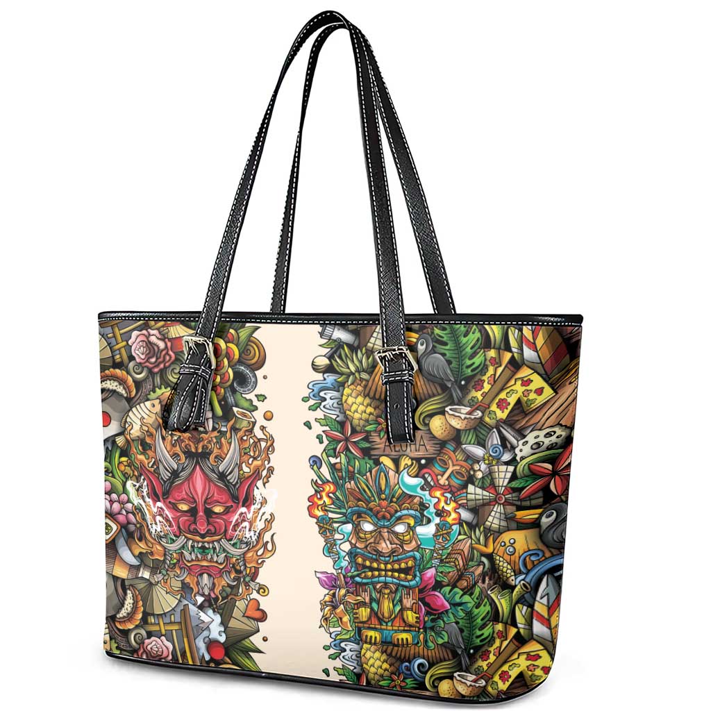 Hawaii And Japan Leather Tote Bag Tiki With Oni Mask - Wonder Print Shop