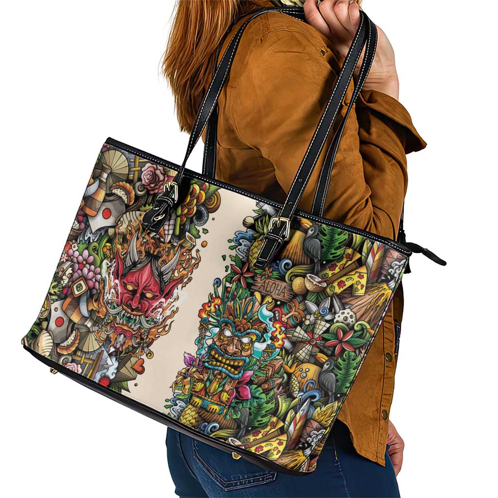 Hawaii And Japan Leather Tote Bag Tiki With Oni Mask - Wonder Print Shop