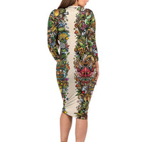 Hawaii And Japan Long Sleeve Bodycon Dress Tiki With Oni Mask - Wonder Print Shop