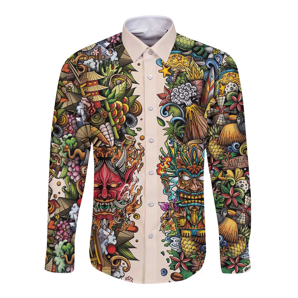 Hawaii And Japan Long Sleeve Button Shirt Tiki With Oni Mask - Wonder Print Shop