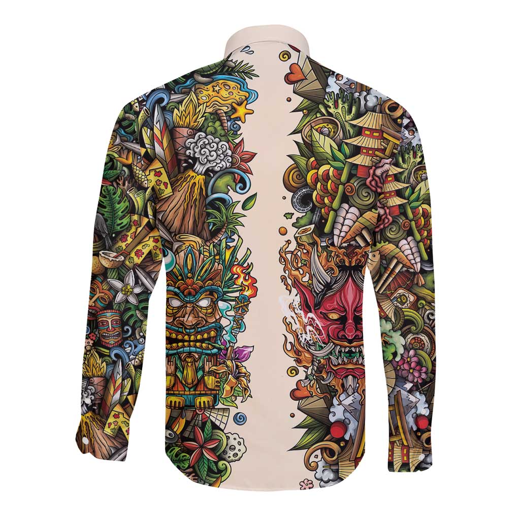 Hawaii And Japan Long Sleeve Button Shirt Tiki With Oni Mask - Wonder Print Shop