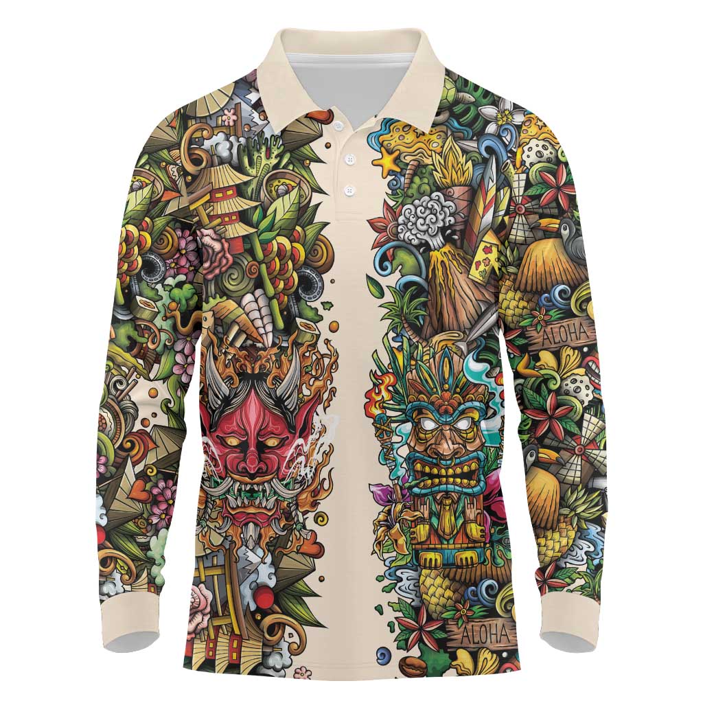 Hawaii And Japan Long Sleeve Polo Shirt Tiki With Oni Mask - Wonder Print Shop