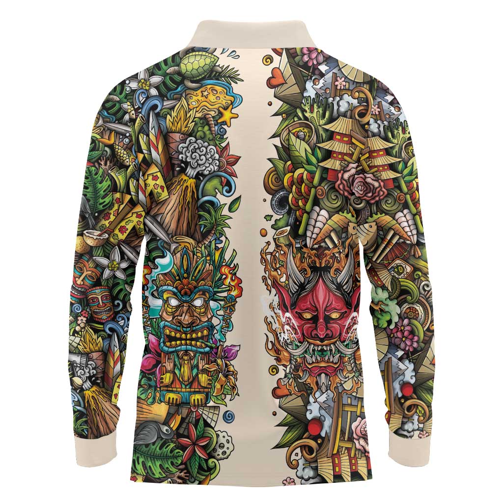 Hawaii And Japan Long Sleeve Polo Shirt Tiki With Oni Mask - Wonder Print Shop