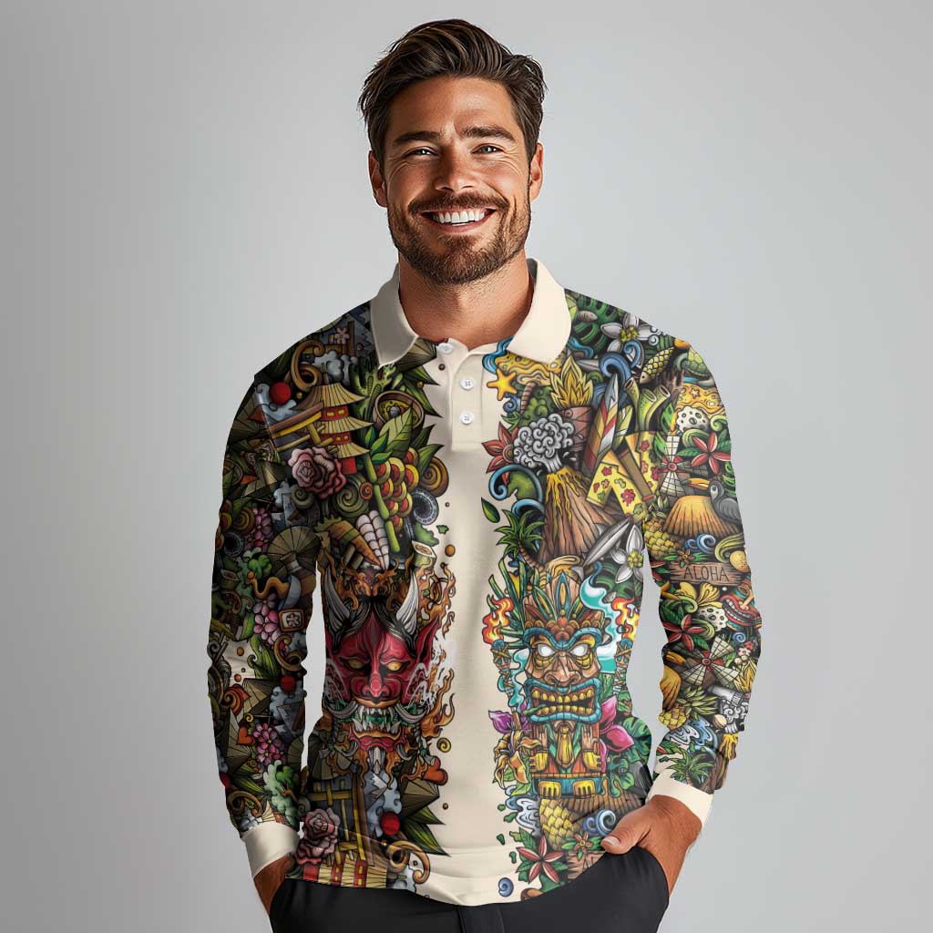 Hawaii And Japan Long Sleeve Polo Shirt Tiki With Oni Mask - Wonder Print Shop