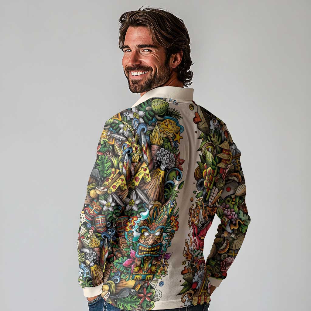 Hawaii And Japan Long Sleeve Polo Shirt Tiki With Oni Mask - Wonder Print Shop