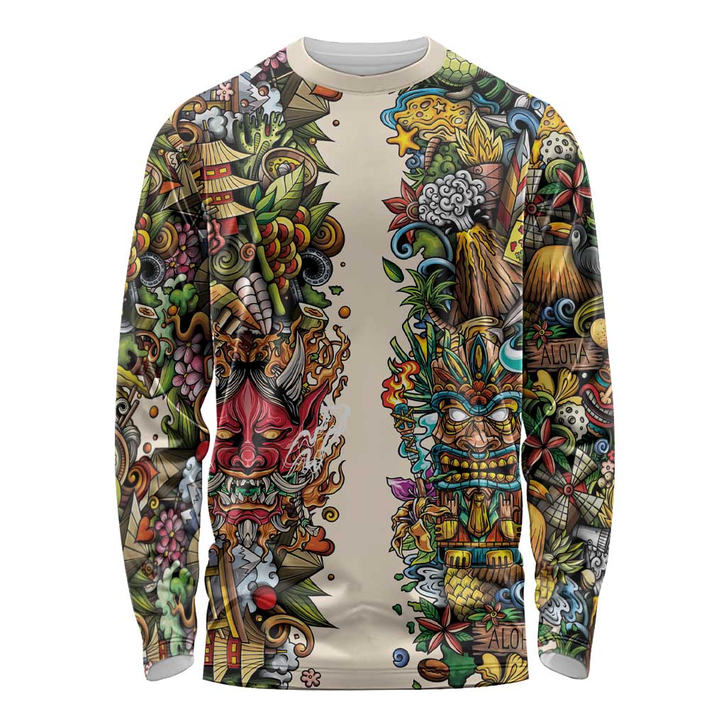 Hawaii And Japan Long Sleeve Shirt Tiki With Oni Mask - Wonder Print Shop