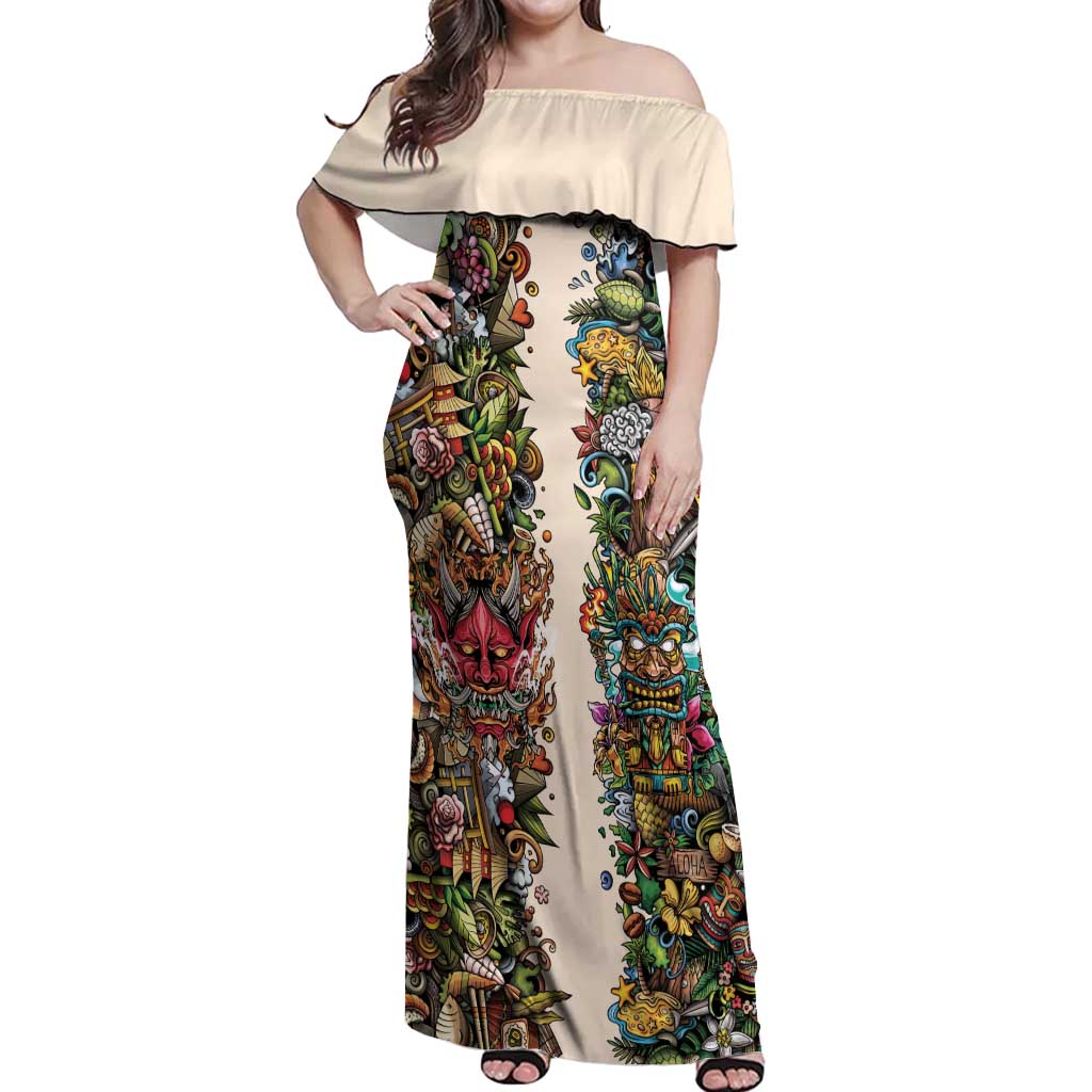 Hawaii And Japan Off Shoulder Maxi Dress Tiki With Oni Mask - Wonder Print Shop