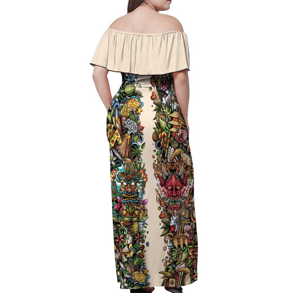Hawaii And Japan Off Shoulder Maxi Dress Tiki With Oni Mask - Wonder Print Shop