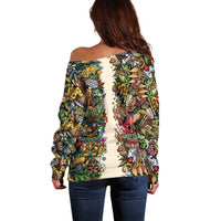 Hawaii And Japan Off Shoulder Sweater Tiki With Oni Mask - Wonder Print Shop