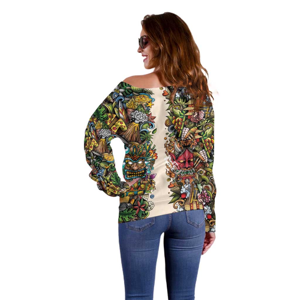 Hawaii And Japan Off Shoulder Sweater Tiki With Oni Mask - Wonder Print Shop