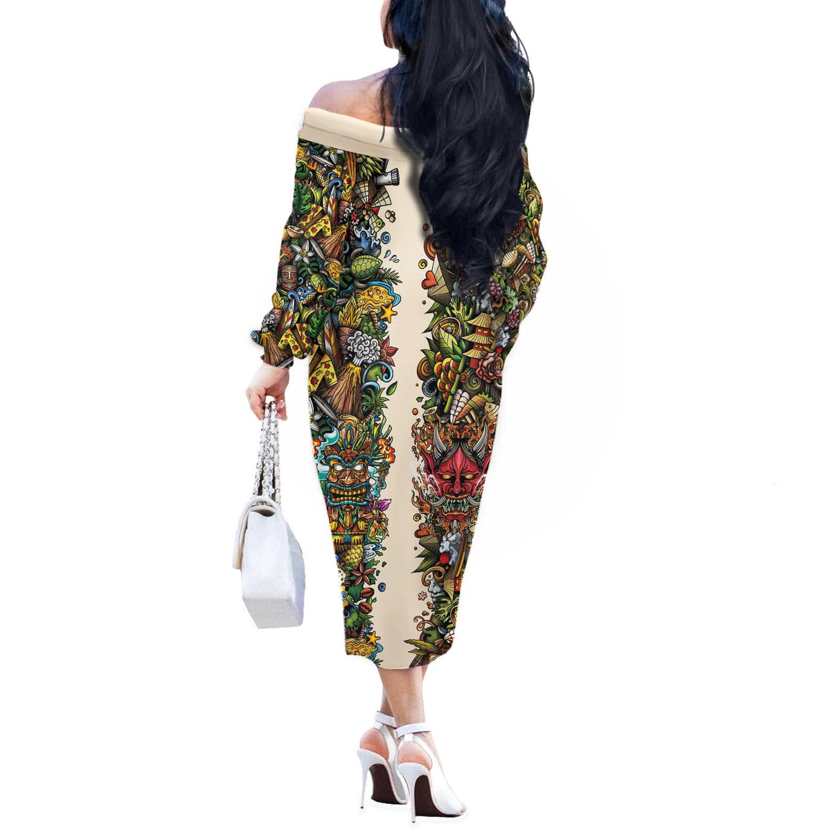 Hawaii And Japan Off The Shoulder Long Sleeve Dress Tiki With Oni Mask - Wonder Print Shop