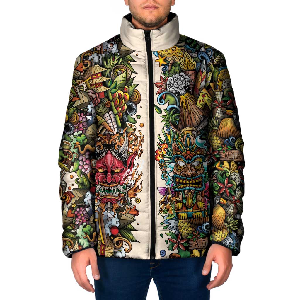Hawaii And Japan Padded Jacket Tiki With Oni Mask - Wonder Print Shop