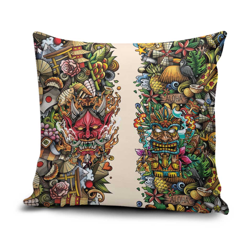 Hawaii And Japan Pillow Cover Tiki With Oni Mask - Wonder Print Shop